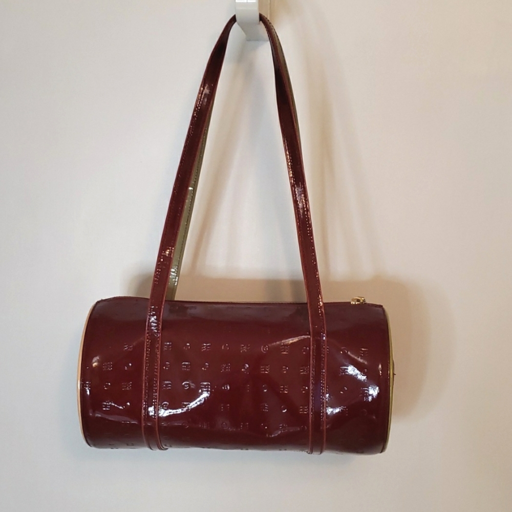 Arcadia Burgundy Patent Leather Barrel Shoulder Bag